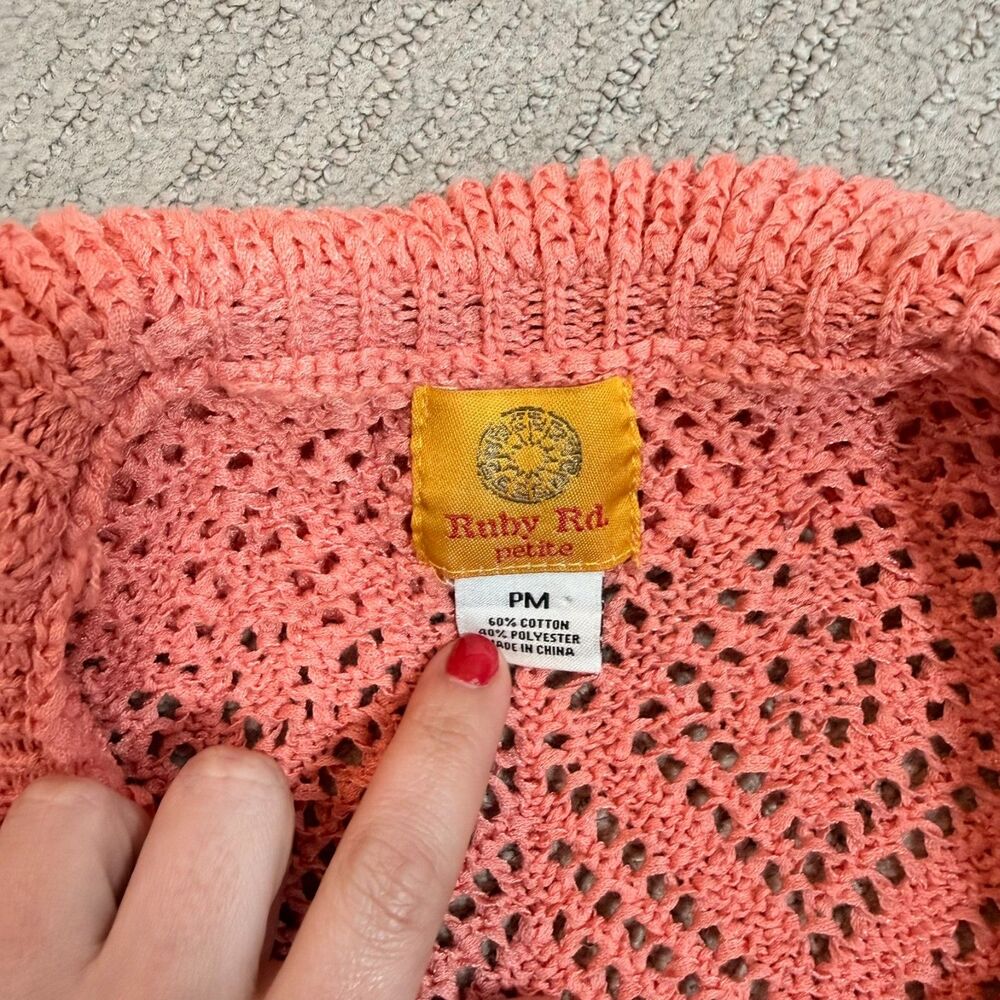 Ruby Rd Petite PM Pink Open Knit Ruffle Cardigan Crochet Boho Cottagecore - Picture 3 of 5